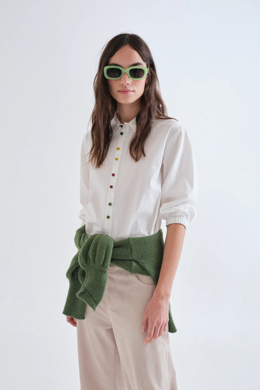 Camisa 100% algodón blanca con botones joyas multicolor — fotografía oficial 1