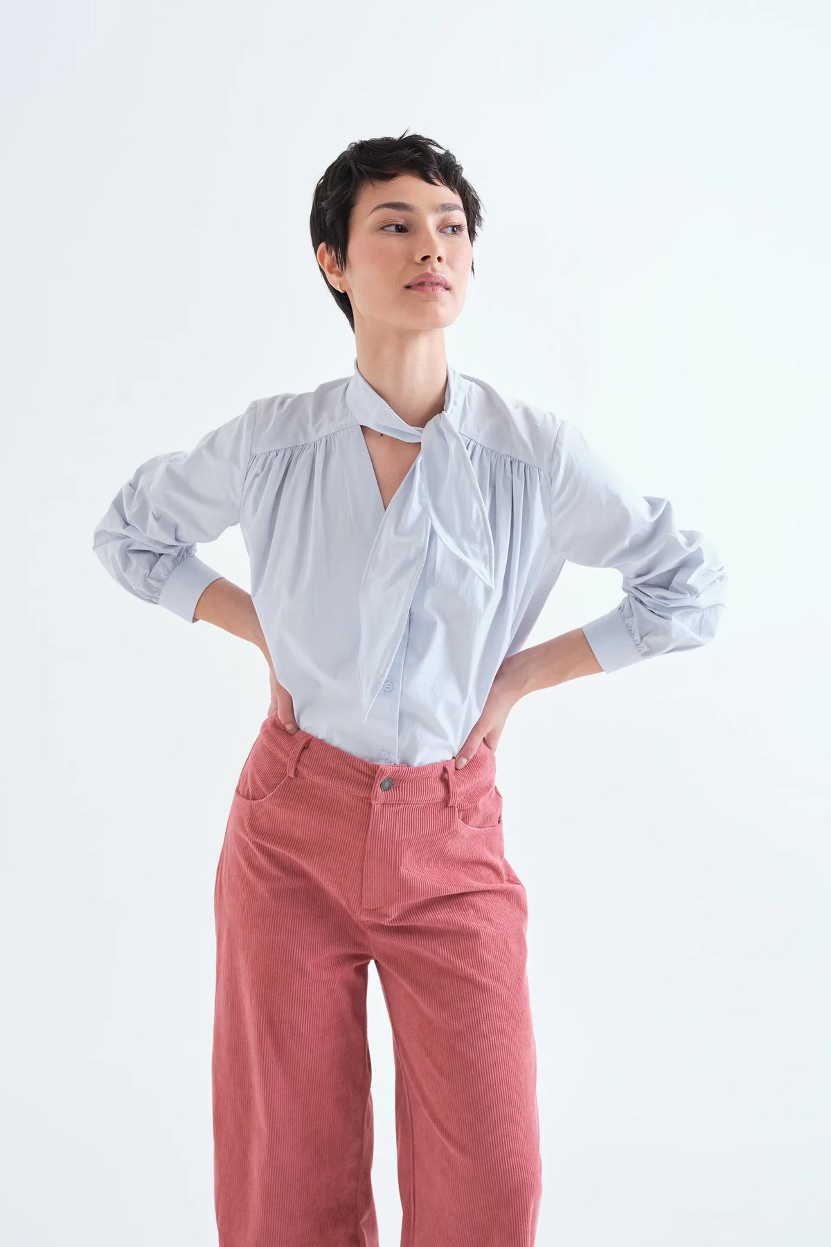 Camisa con lazada estructurada 100% algodón azul claro — fotografía oficial 1