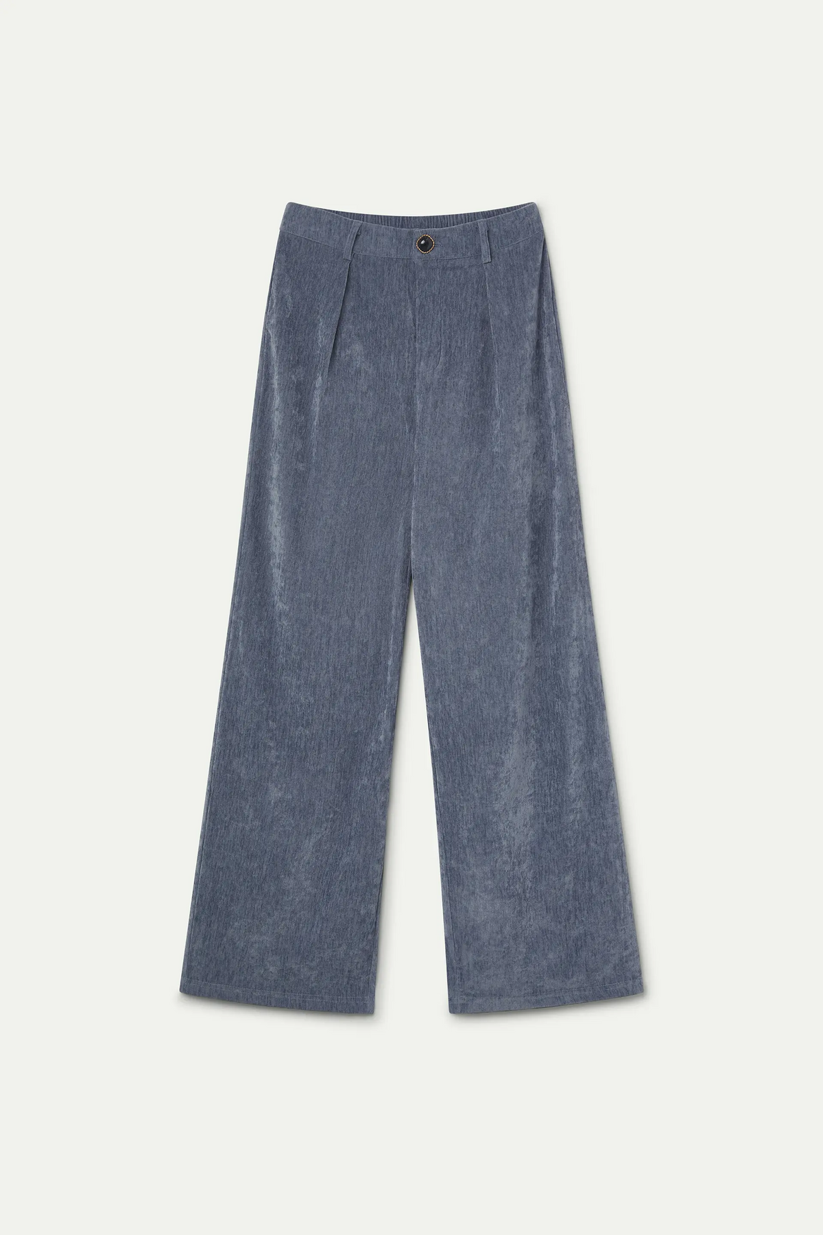 Pantalón aterciopelado azul claro con botón joya — fotografía oficial 6