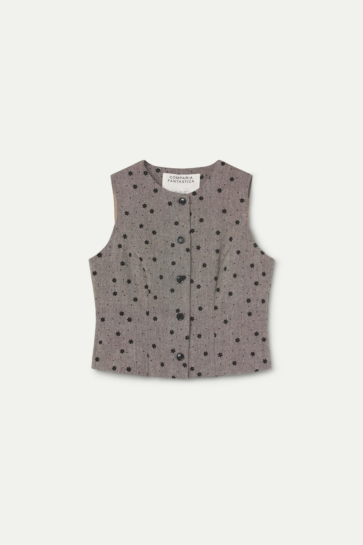 Chaleco tweed gris con flores negras bordadas — fotografía oficial 6